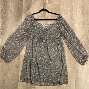 Green and Brown Relaxed Long Sleeve Smocked Dress